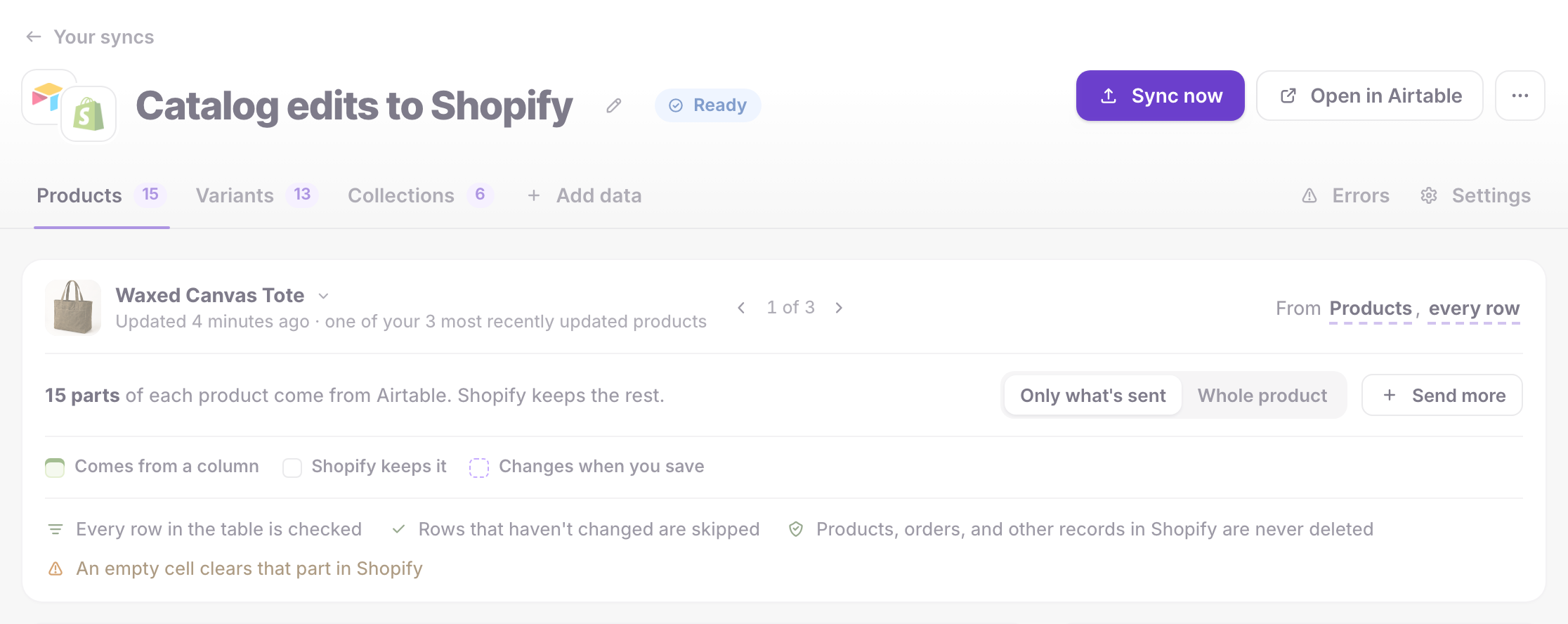 Airtable to Shopify sync page with the Sync now button and the summary of what each run sends