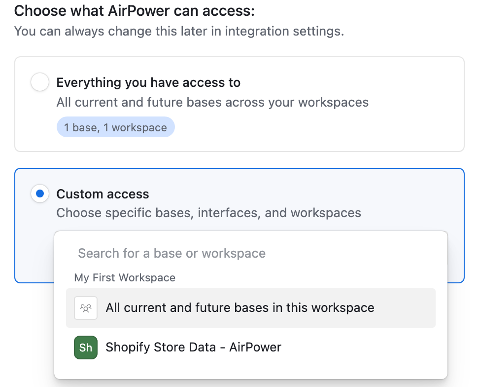 Custom access search on Airtable's authorization screen offering All current and future bases in this workspace or a single base
