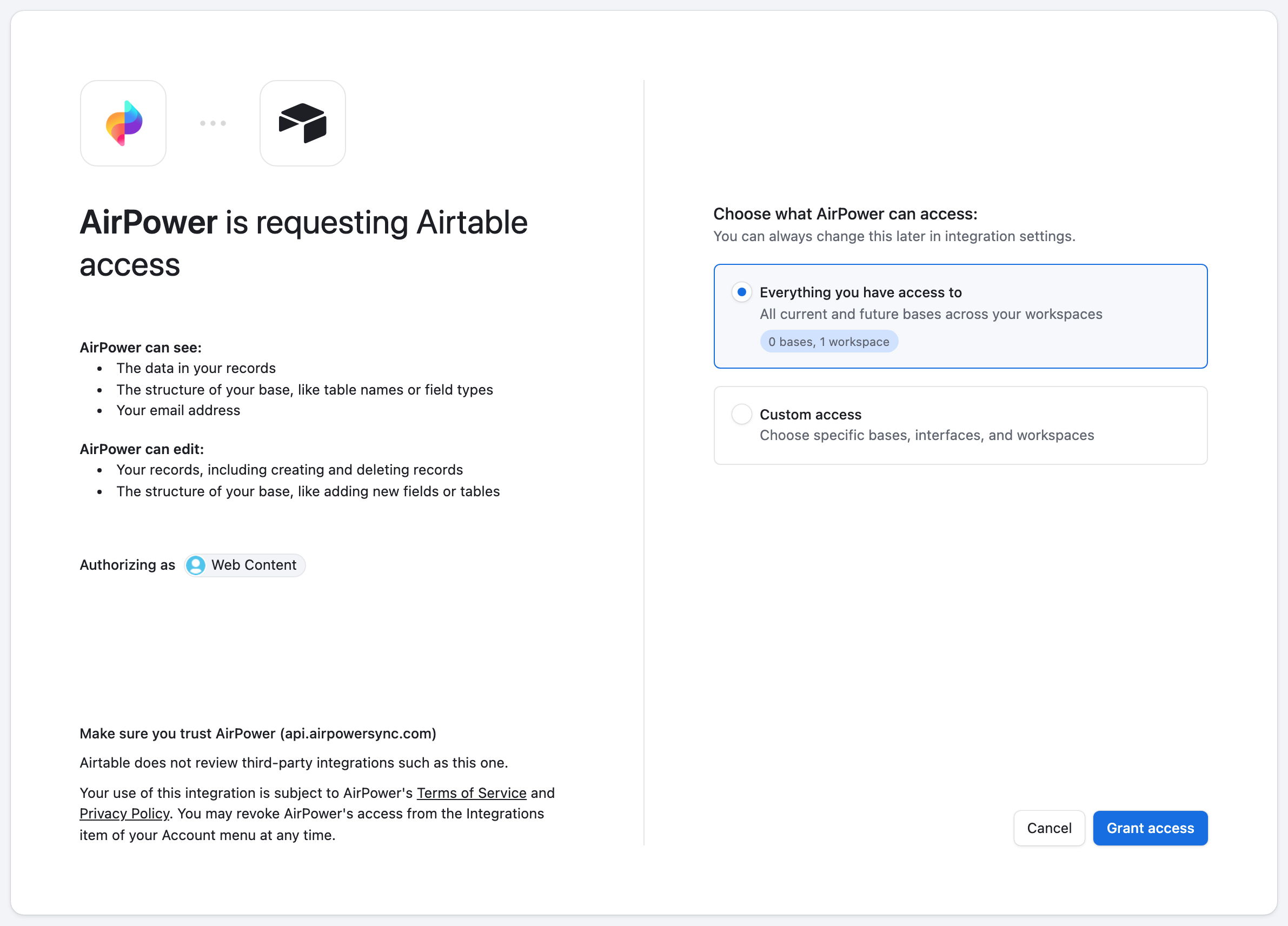 Airtable authorization screen for AirPower, with Everything you have access to selected