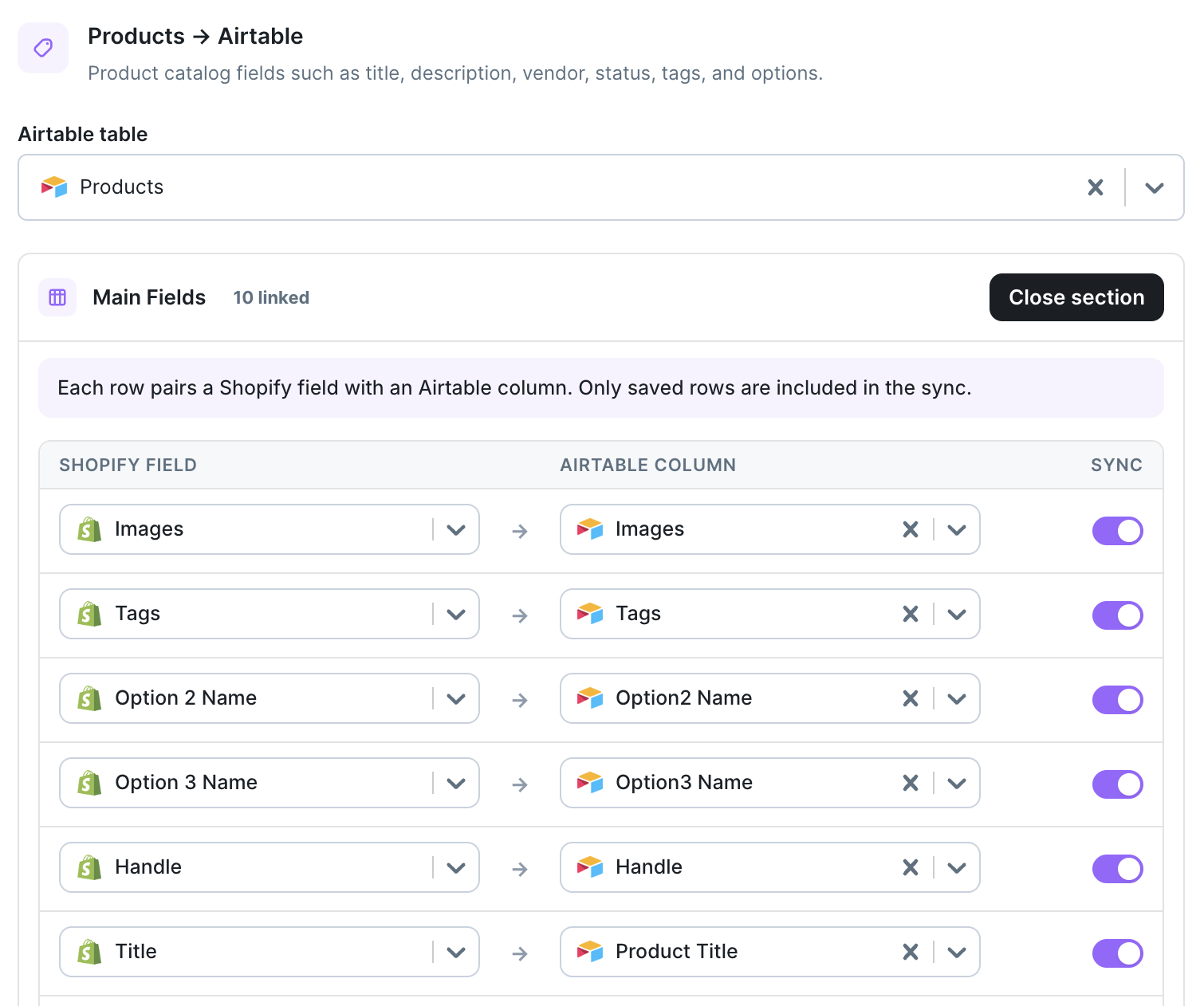 Products to Airtable Main Fields mapping with Images, Tags, Option 2 Name, Option 3 Name, Handle, and Title rows linked