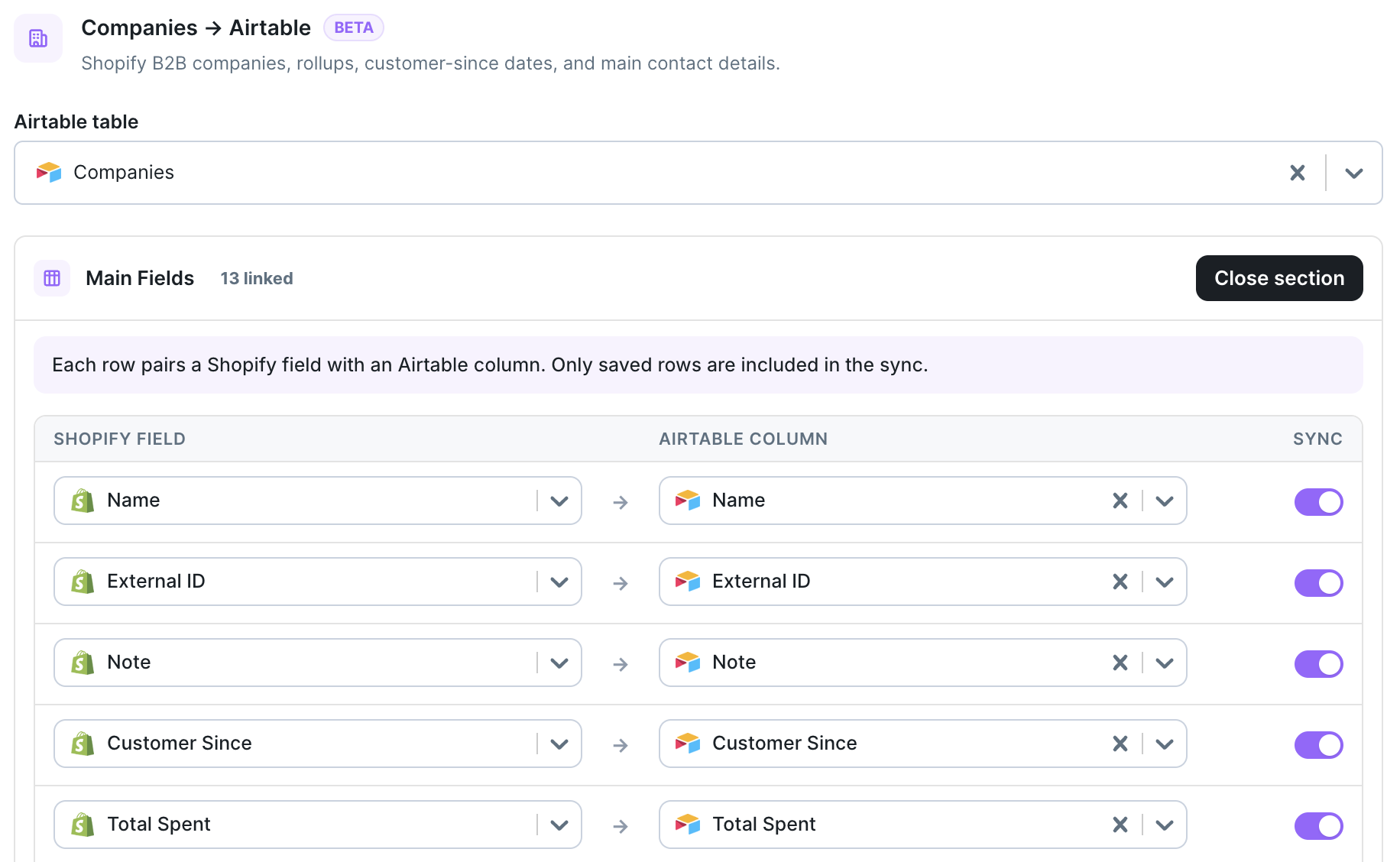 Companies main fields pane mapping Shopify company fields to Airtable columns