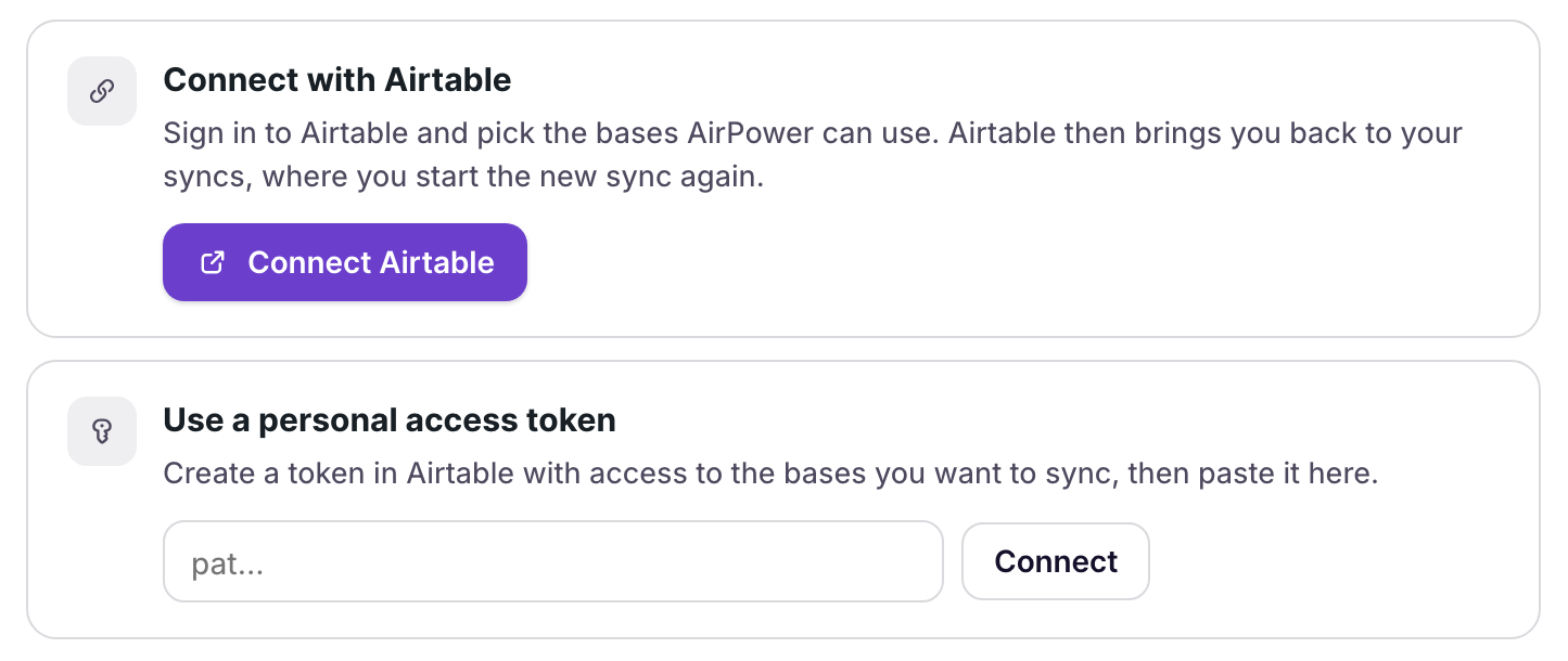 Airtable base step showing the Connect with Airtable and Use a personal access token options