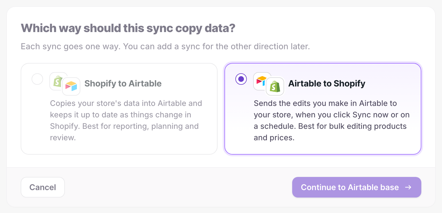 Direction step with the Airtable to Shopify option selected