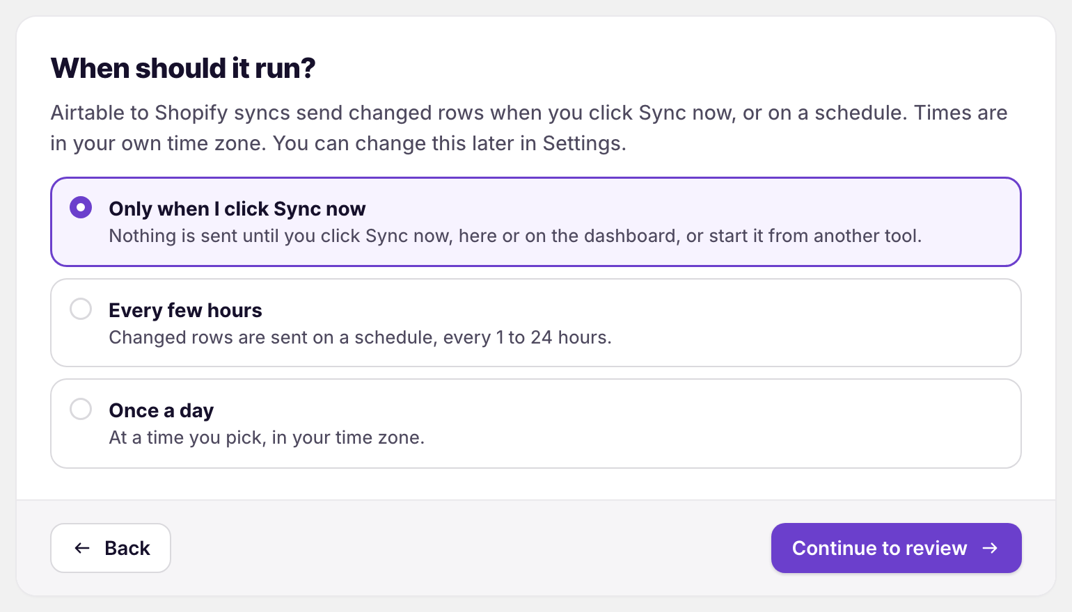 Schedule step for an Airtable to Shopify sync with Only when I click Sync now selected
