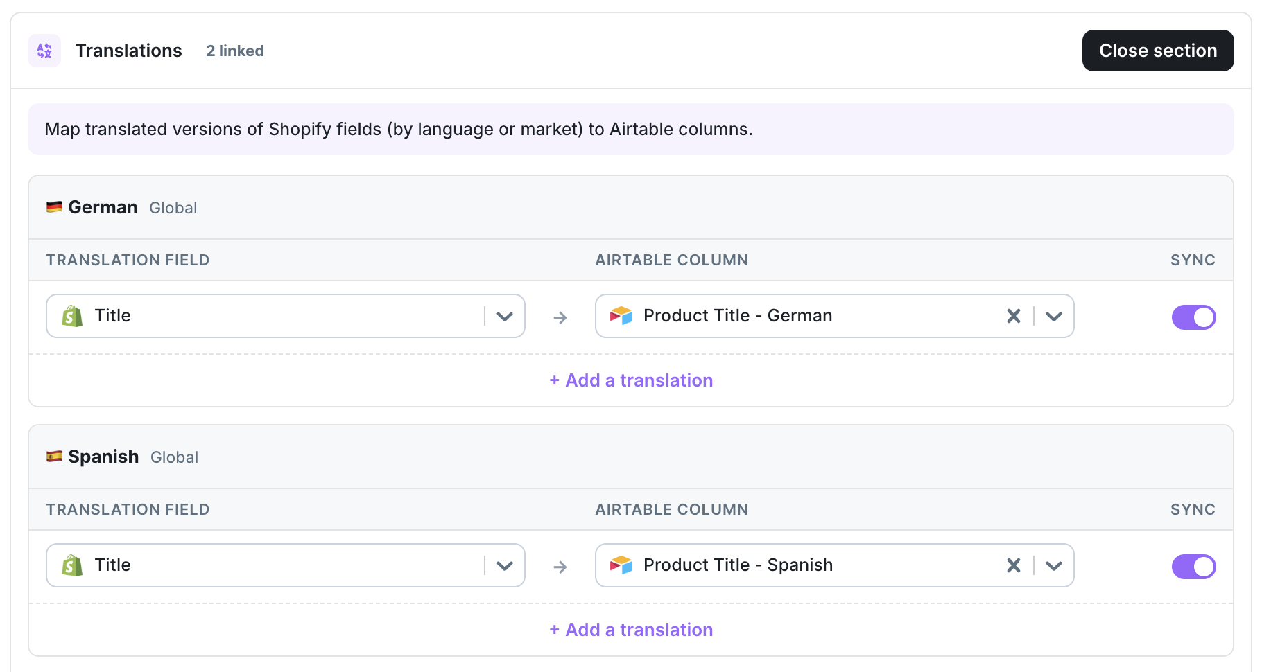 Translations pane with German and Spanish cards mapping product titles to Airtable columns
