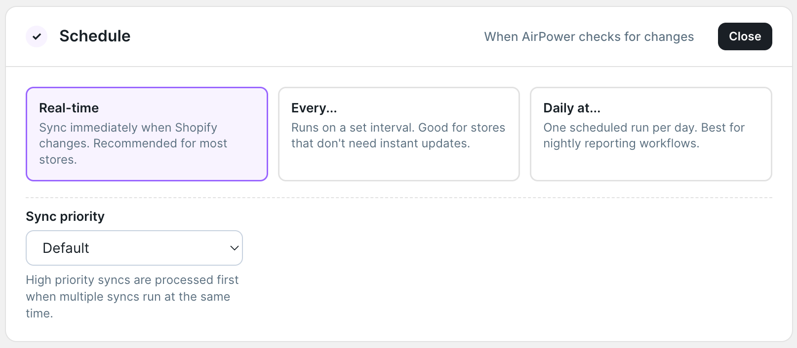 Schedule section with the Real-time option selected