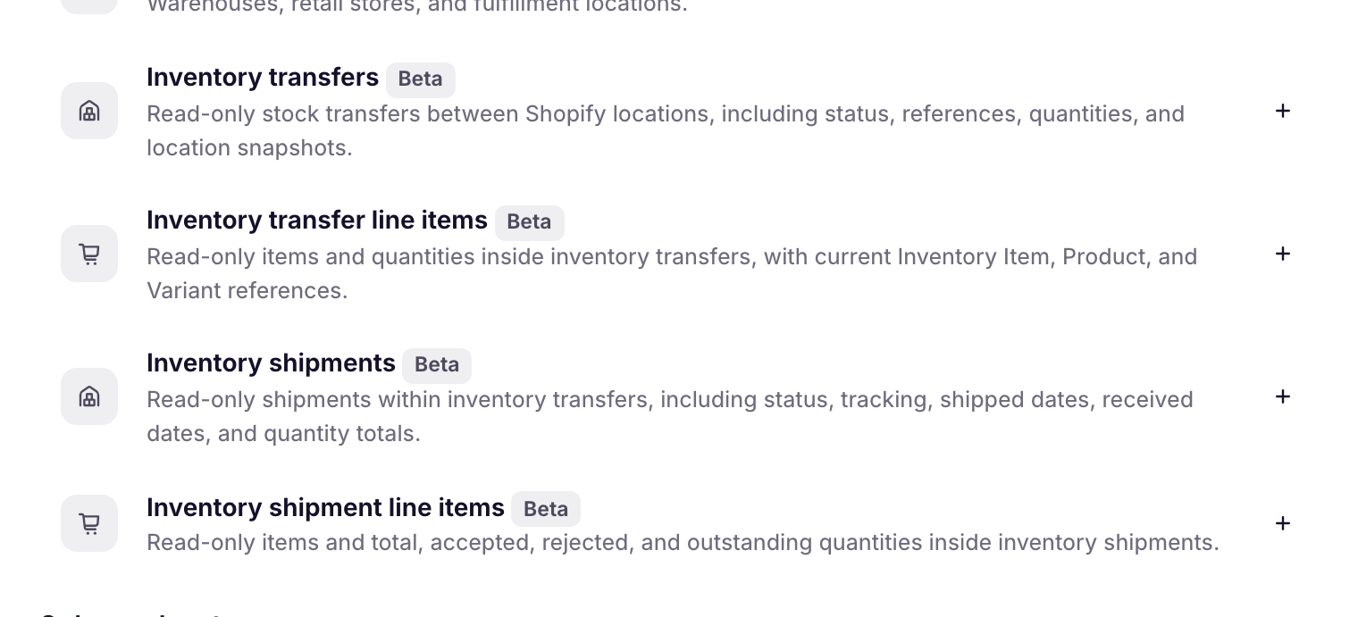 Add data dialog listing Inventory transfers, Inventory transfer line items, Inventory shipments, and Inventory shipment line items