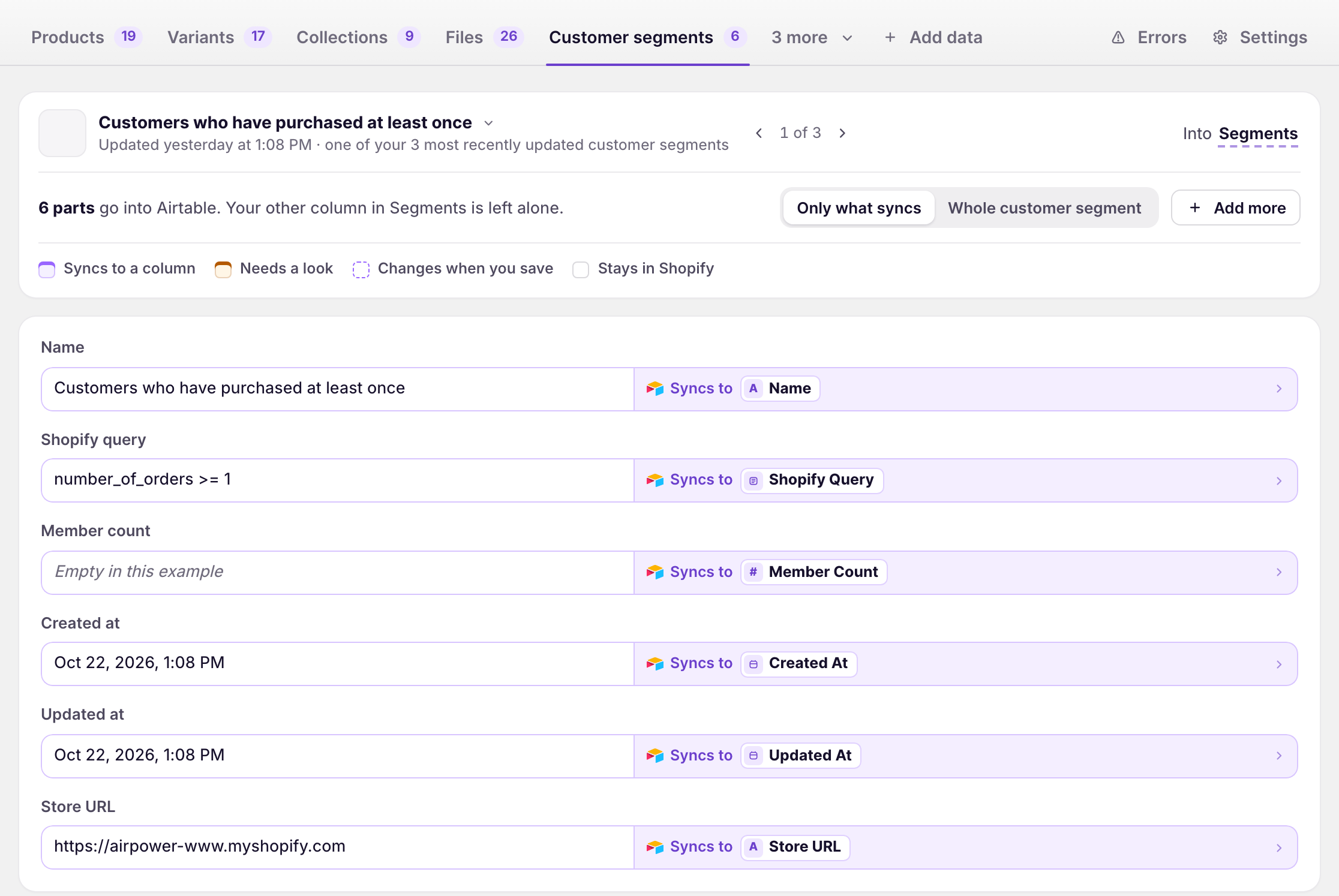 Customer segments tab showing the Customers who have purchased at least once segment and its Shopify query syncing to columns in the Segments table