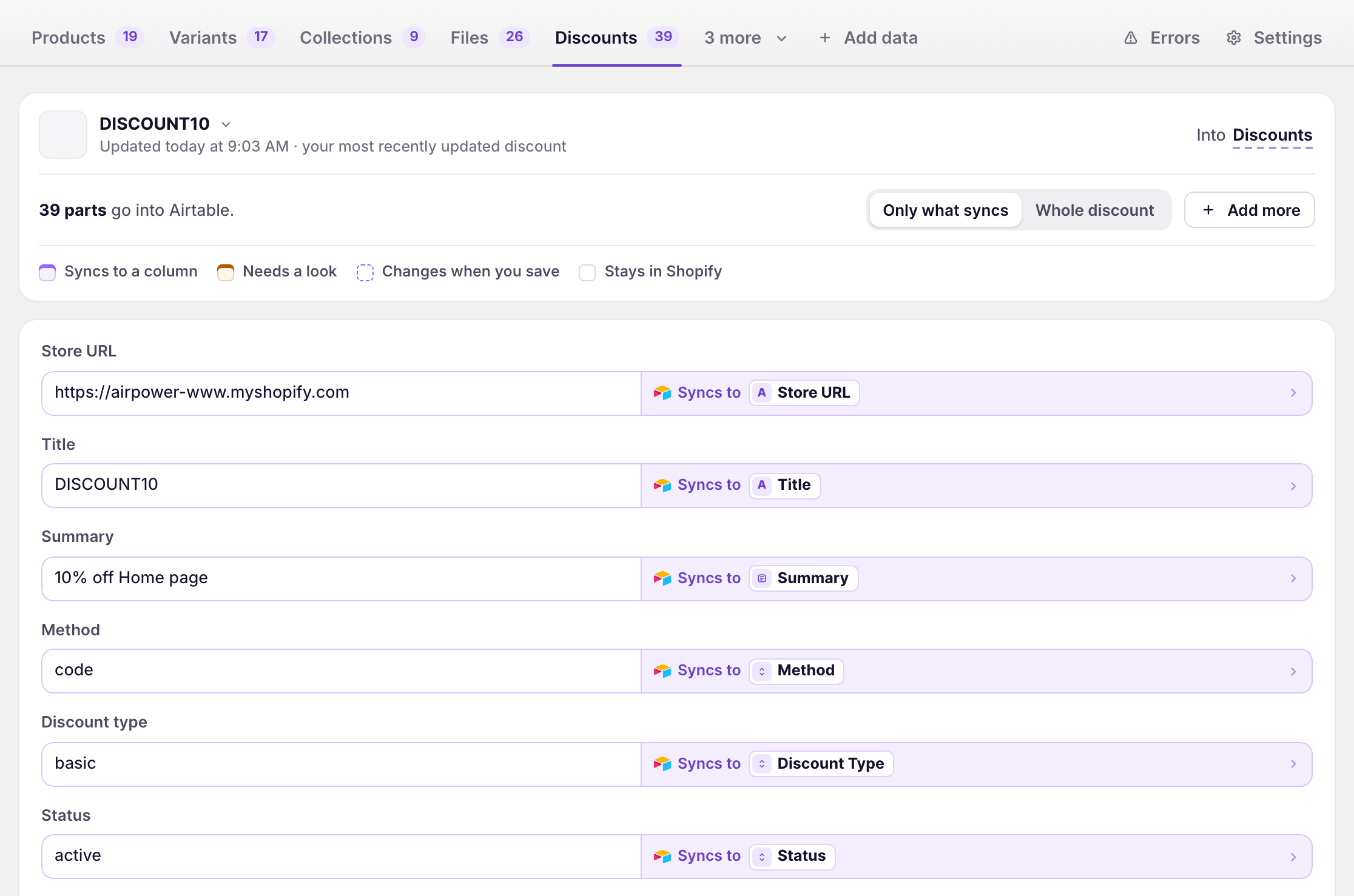 Discounts tab showing the DISCOUNT10 code discount, with its Title, Summary, Method, Discount type, and Status syncing to their columns