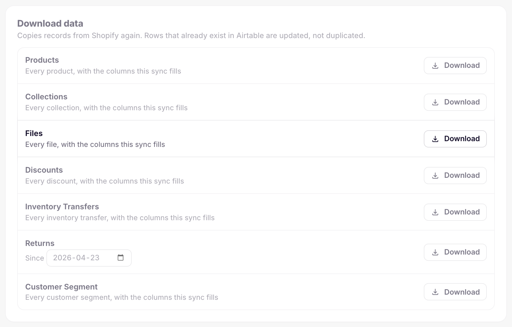 Download data settings with the Files row and its Download button