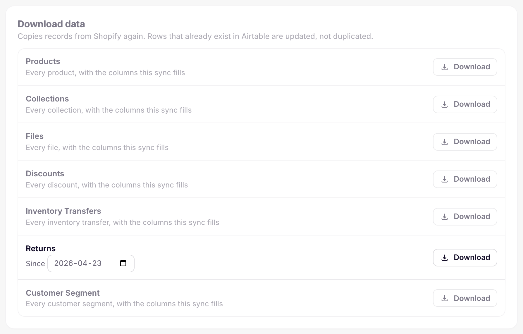 Download data settings with the Returns row and its Since date