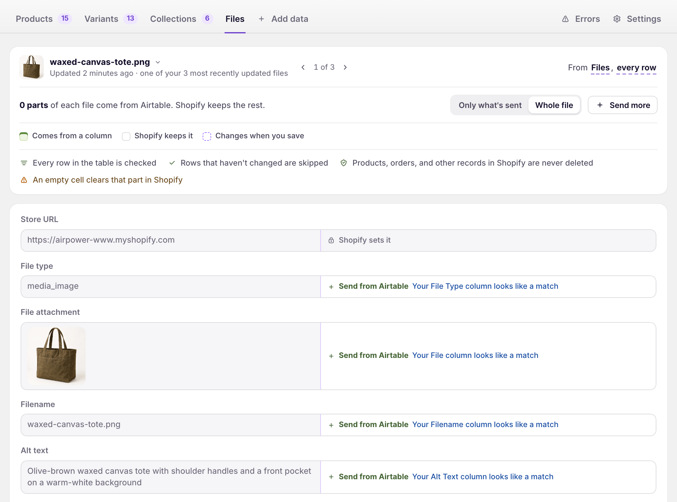 Files tab in an Airtable to Shopify sync showing the waxed-canvas-tote.png image, with Send from Airtable on File type, File attachment, Filename, and Alt text, each noting a matching column