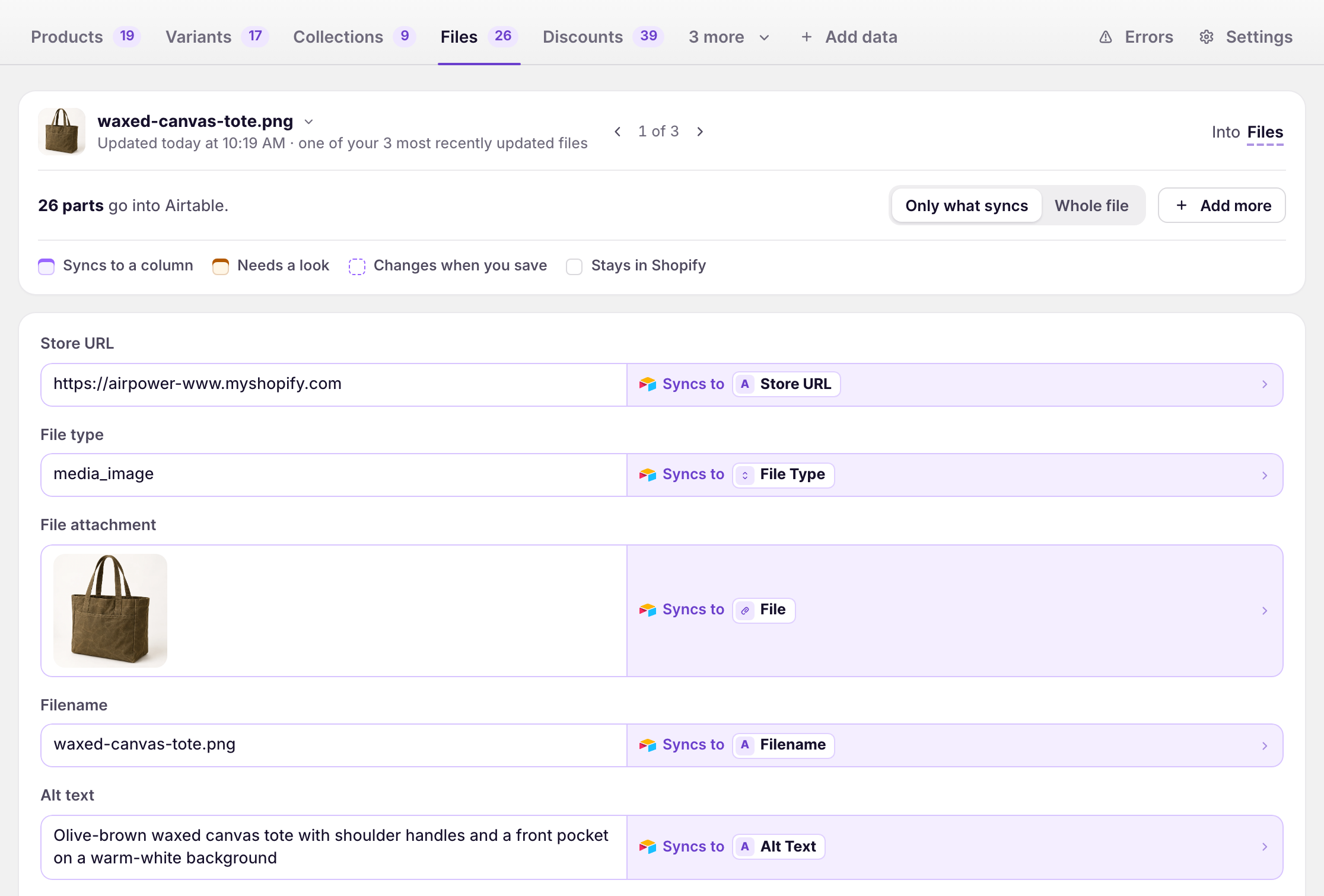 Files tab in a Shopify to Airtable sync showing the waxed-canvas-tote.png image, with its file type, file attachment, filename, and alt text syncing to their columns