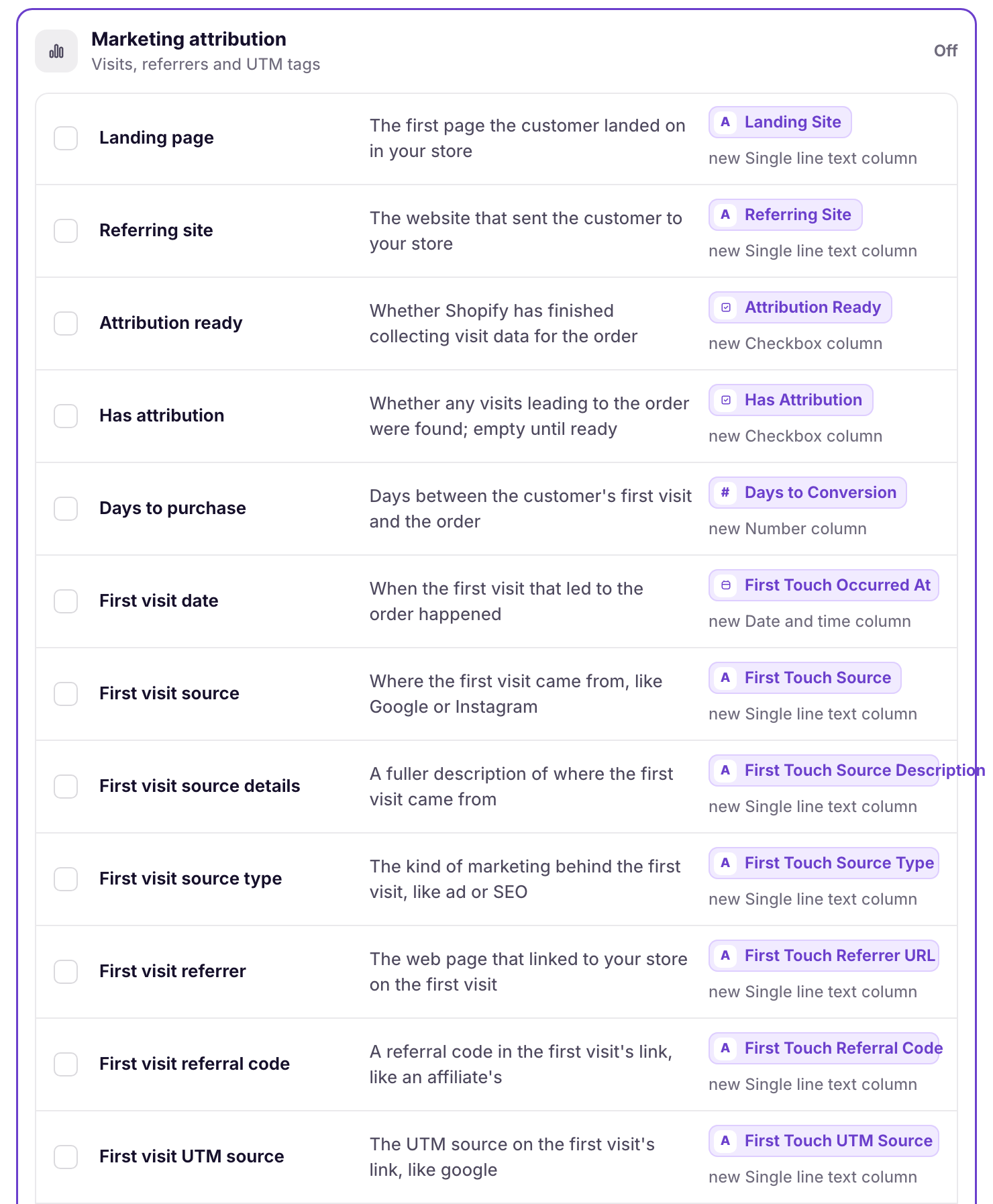 Add more dialog for orders with the Marketing attribution pack open, listing Landing page, Referring site, Attribution ready, Has attribution, Days to purchase, and the first visit's date, source, source type, referrer, referral code, and UTM source, each with the new Airtable column it becomes