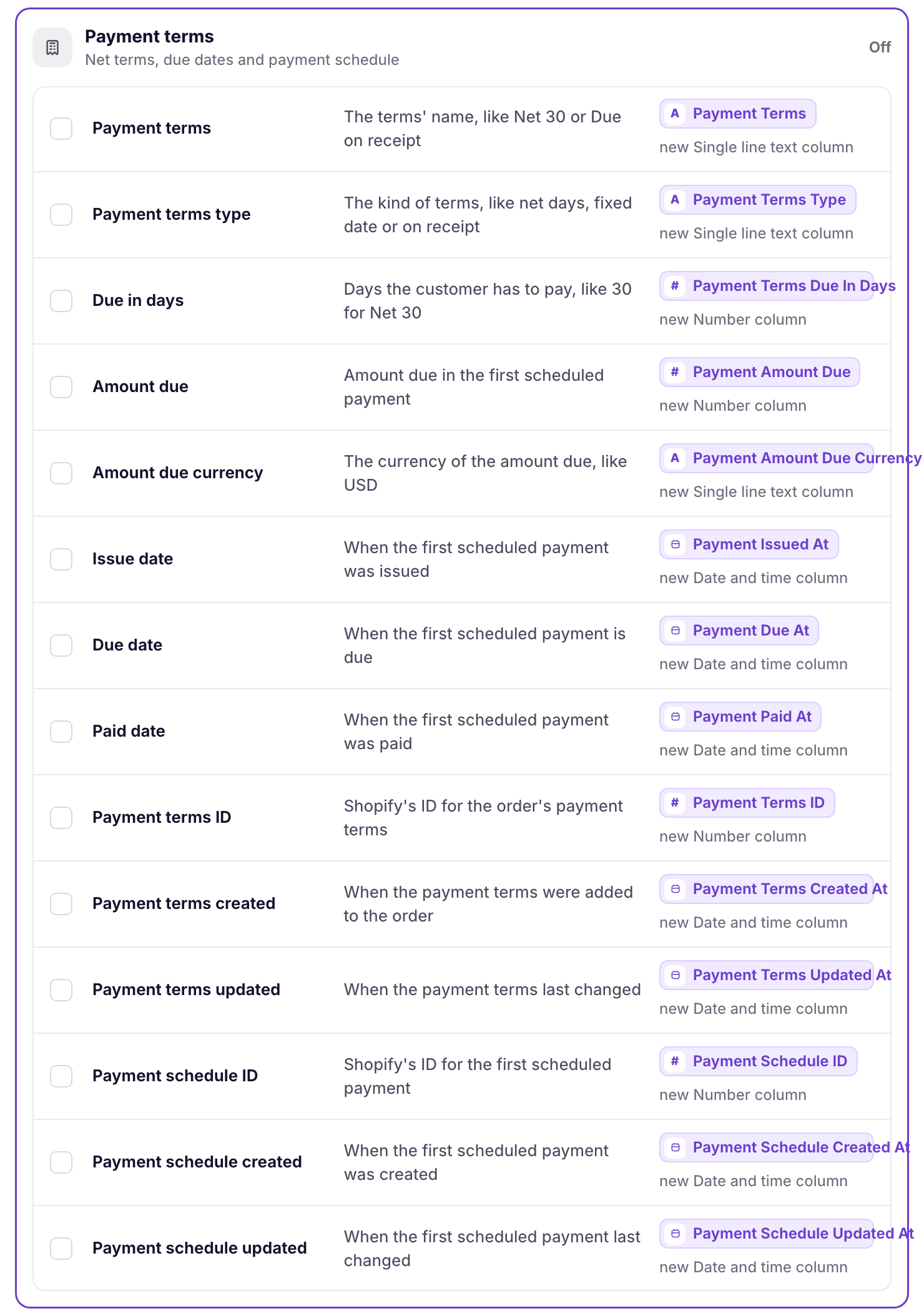 Add more dialog for orders with the Payment terms pack open, listing Payment terms, Due in days, Amount due, Issue date, Due date, Paid date, and the IDs and timestamps, each with the new Airtable text, number, or date and time column it becomes