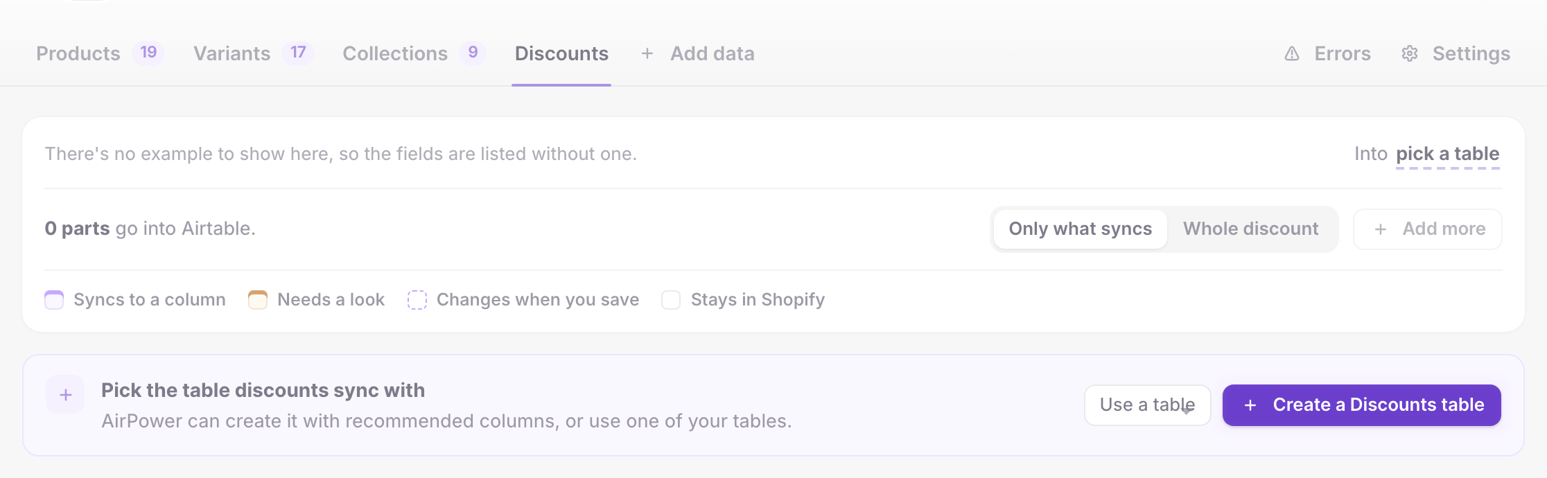 Discounts tab with Pick the table discounts sync with, and the Use a table and Create a Discounts table buttons
