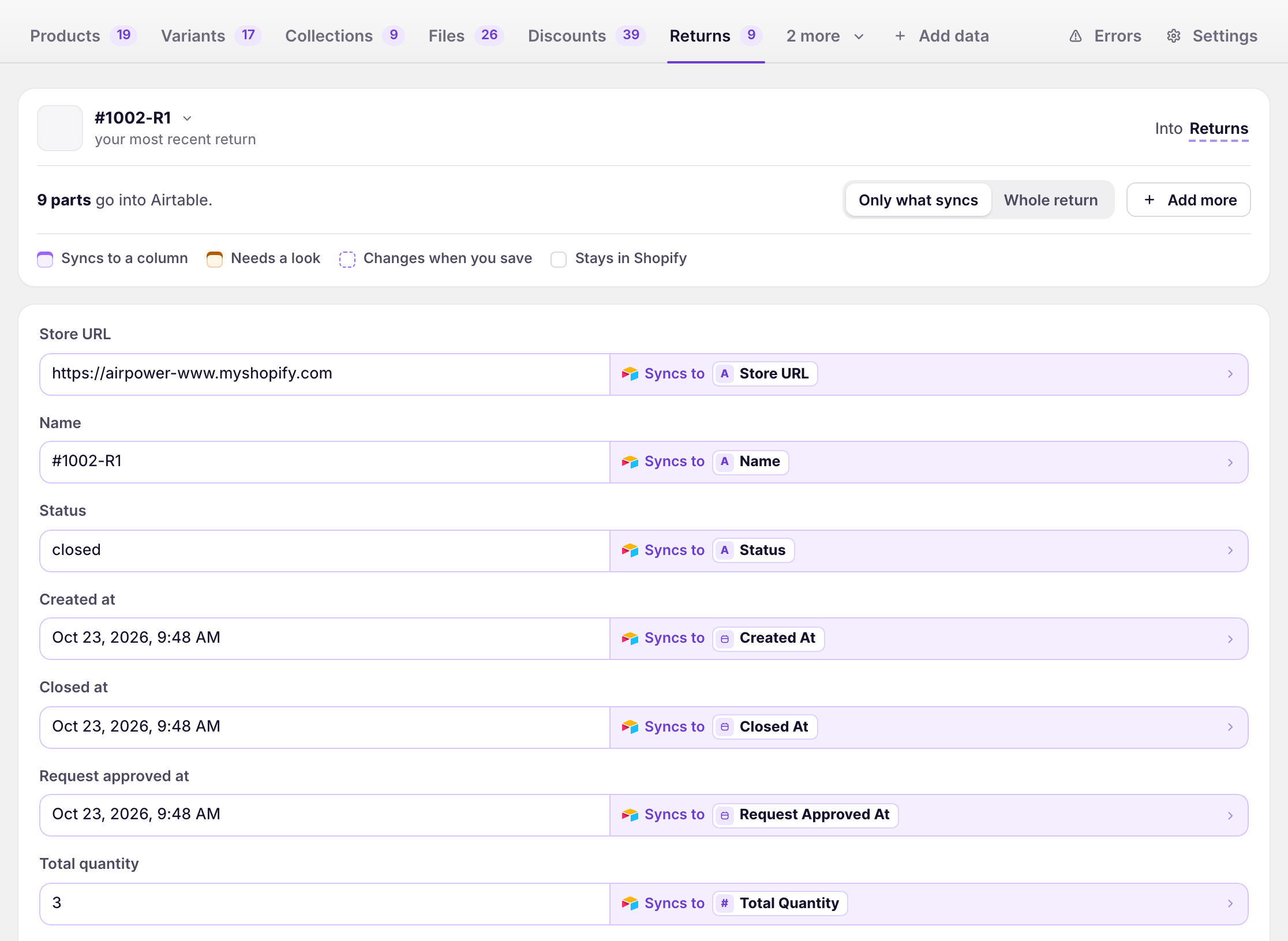 Returns tab showing closed return #1002-R1, with its name, status, dates, and total quantity syncing to their columns