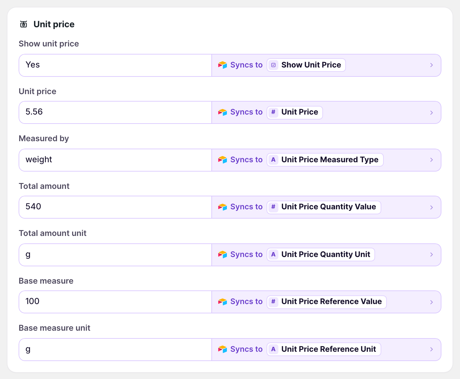 Unit price card on the Variants tab for a candle set, with Show unit price set to Yes, a unit price of 5.56 measured by weight, a total amount of 540 g, and a base measure of 100 g, each syncing to its own Airtable column