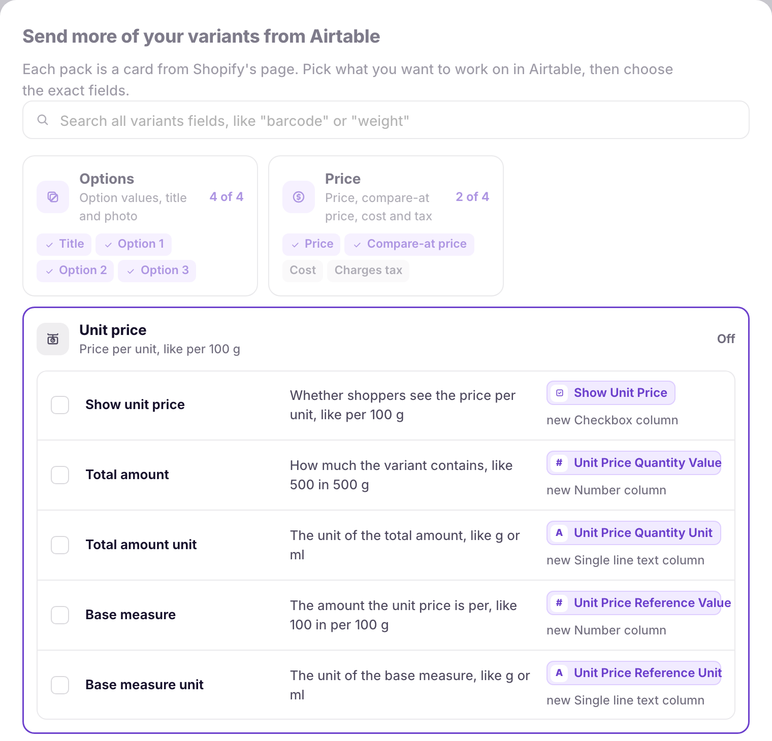 Send more dialog for variants with the Unit price pack open, listing Show unit price, Total amount, Total amount unit, Base measure, and Base measure unit, each with the new Airtable column it becomes